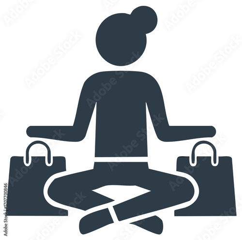 Woman in lotus position holds shopping bags, silhouette, online shopping