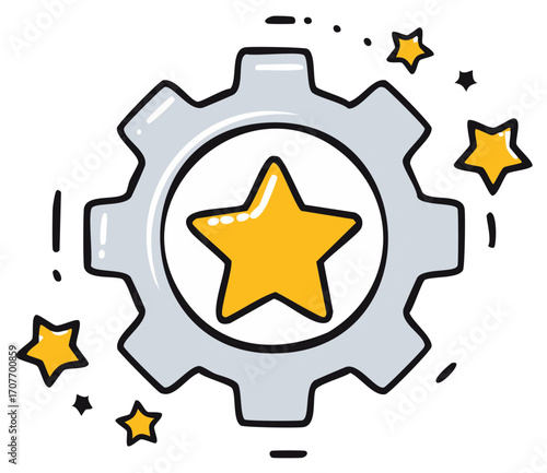 Celebration of Achievement with a Gear and Sparkling Stars