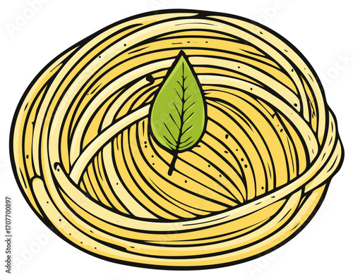 Hand-drawn nest of long pasta with a green basil leaf, food illustration, vector