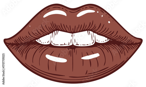Detailed Illustration of Full Lips with Brown Lipstick and Teeth, Beauty and Cosmetics Concept