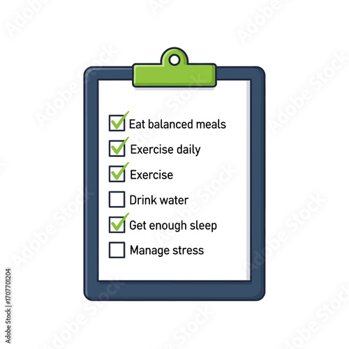 A comprehensive checklist for maintaining a healthy lifestyle, covering balanced meals, daily exercise, hydration, sleep, and stress management