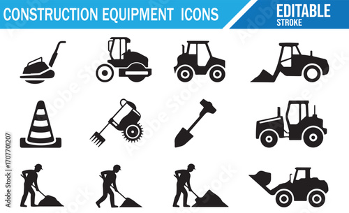 Editable stroke vector icons for roadwork, machinery, and construction equipment