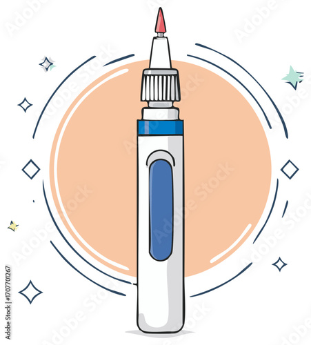 Illustration of a white dental whitening pen with a blue accent and red tip