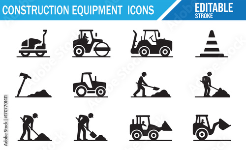 Construction tools and heavy equipment icons for engineering and architecture