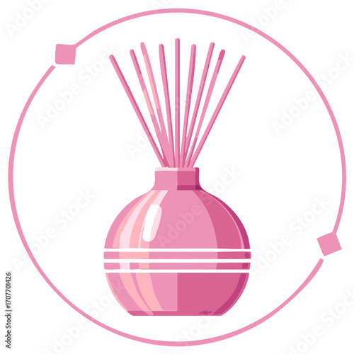 Pink aroma diffuser with reed sticks in a decorative circle illustration