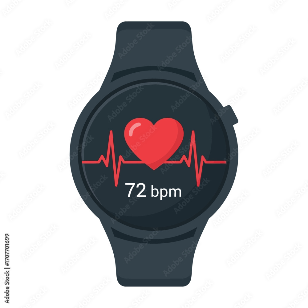 Fototapeta premium Smartwatch displaying a heart rate of 72 bpm with a red heart icon and an electrocardiogram line.