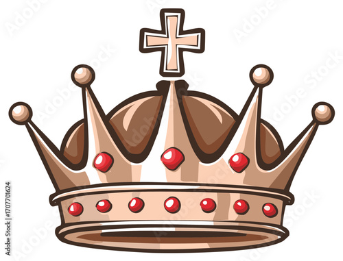 Golden crown with cross and jewels in cartoon style