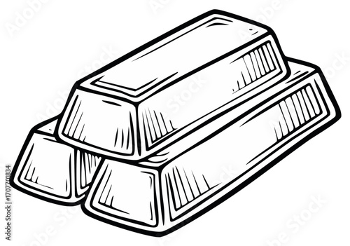 Stacked gold bars black and white hand drawn style illustration