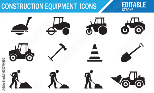 Construction equipment icons set with workers, machines, and safety tools