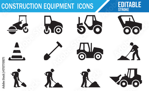 Set of construction equipment icons with workers, tractors, bulldozers, excavators, jackhammers, traffic cones, and roadwork tools in editable stroke silhouette style for building, engineering, and sa