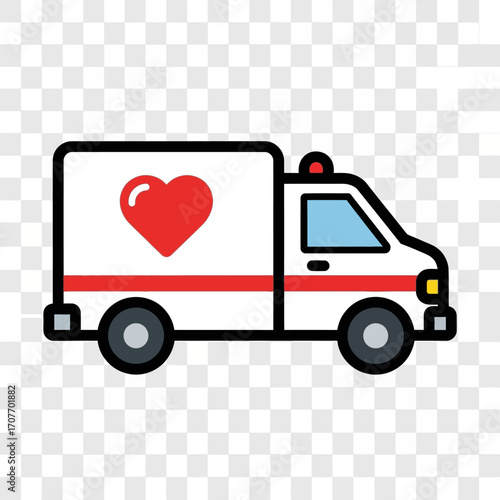 A stylized ambulance with a prominent red heart symbol on its side, representing medical care.