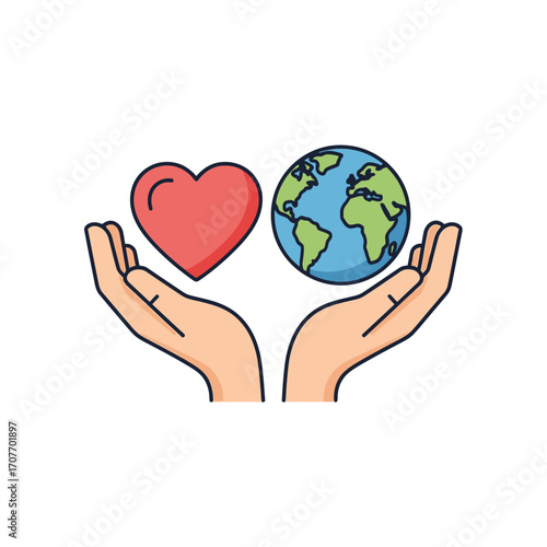 Loving hands gently cradling a heart and the Earth, symbolizing global care and compassion.