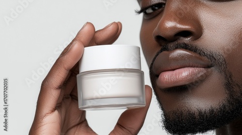 Black man applying skincare cream while holding jar with product  