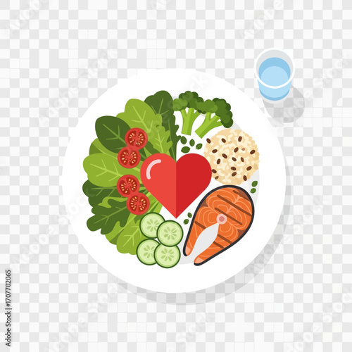 A healthy meal plate featuring salmon, vegetables, rice, and a heart shape, with water.