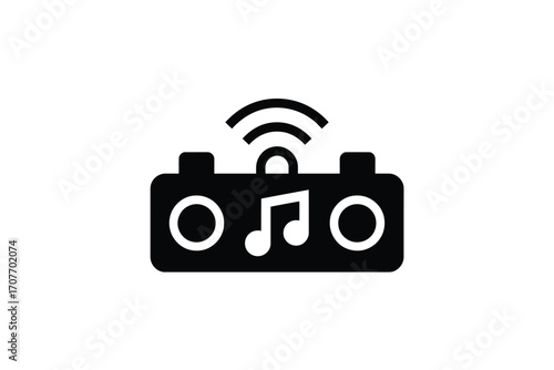Retro boombox with musical note and radio waves icon