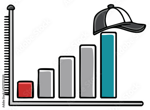 Baseball cap on a rising blue graph bar showing growth in business and sales and financial success