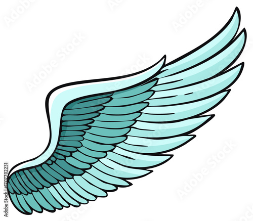 Stylized Wing Illustration in Shades of Blue with Black Outline