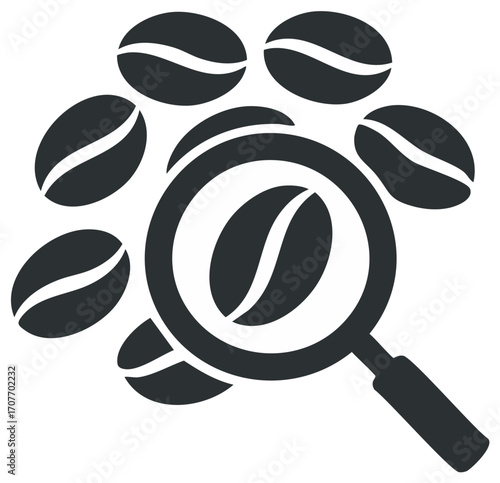 Vector icon of a magnifying glass examining coffee beans for quality control