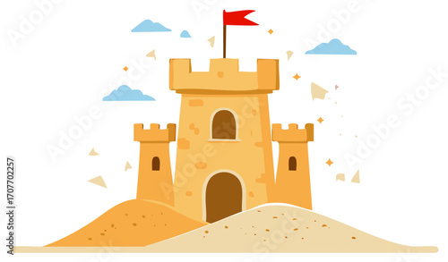 Playful summer sandcastle cartoon with a red flag and clouds vector art
