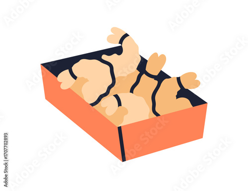 Shrimps in takeaway box. Crispy crunchy snack, deep-fried prawns, seafood. Fast food, sea eating, meal in takeout take-away container. Flat vector illustration isolated on white background