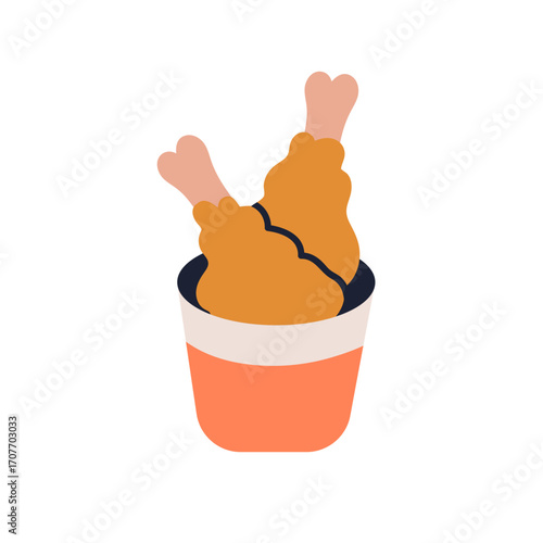 Chicken drumsticks in bucket. Deep-fried crispy fast food. Crunchy fat unhealthy snack, roasted leg meat, takeaway takeout junk eating. Flat vector illustration isolated on white background