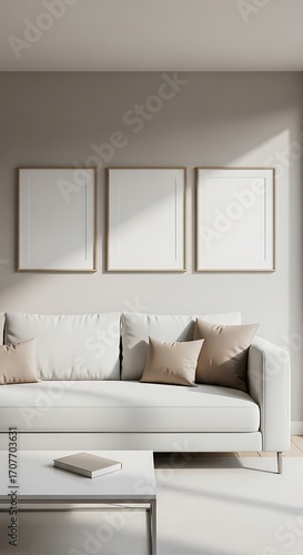 Three empty picture frames adorn a light beige wall in a bright, modern living room with a white couch and a coffee table.