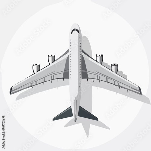 A large, commercial airplane shown from a three-quarter, top-down perspective