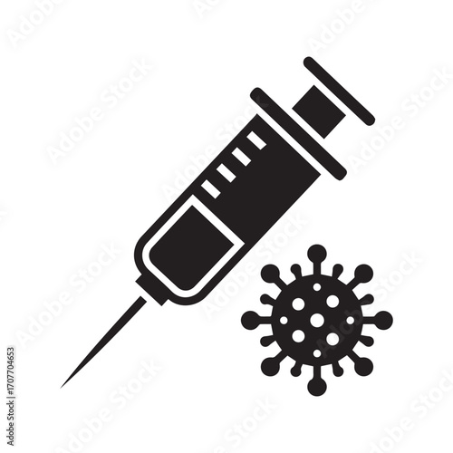Coronavirus vaccine icon. Syringe and virus cell glyph representing immunization, COVID-19 treatment, and pandemic prevention.
