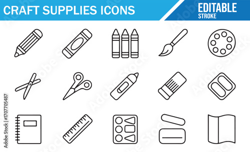 School and art project supplies icons set with creative stationery elements