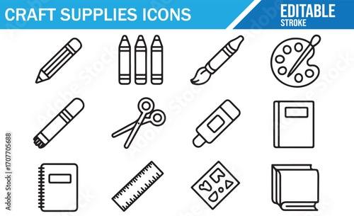 Set of craft supplies icons with pencil, crayons, paintbrush, palette, scissors, ruler, glue, notebook, and stencil elements in editable stroke style for art projects, school design, and creative work
