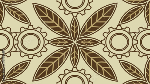 Steampunk Seamless Pattern with Mechanical Gears and Natural Leaves
