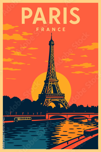 Paris Eiffel Tower Vintage Travel Poster – Retro France Illustration