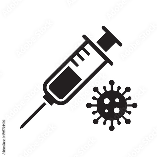 Coronavirus vaccine icon. Syringe and virus cell glyph representing immunization, COVID-19 treatment, and pandemic prevention.
