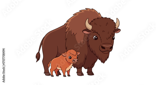 Cartoon illustration of a brown bison and its calf standing side-by-side on a white background.