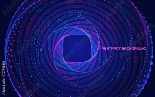 Abstract cyber colorful background from lines and dots form tunnel. Square radial twisted tunnel purple on dark. Swirl futuristic geometric.
