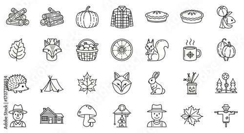 A collection of outlined autumn themed icons including logs, pumpkin, shirt, pie, mouse, leaf, fox, basket, wheel, squirrel, mug, hedgehog, tent, maple, rabb...