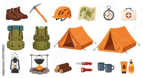 Camping and hiking equipment: boots, ice axe, helmet, map, compass, first aid kit, backpacks, tents, lantern, campfire, logs, knife, flashlight, mugs, sunscreen, and bug spray.