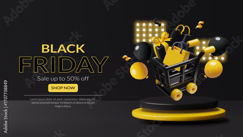 Black Friday sale poster with 3d podium and shopping icons floating on dark background. Vector illustration 