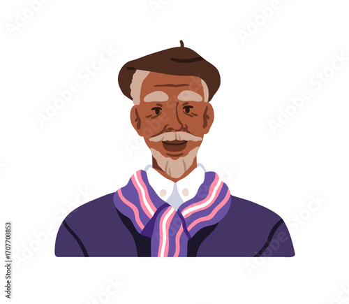 Old black man in beret and scarf. Senior aged male, head portrait. Elderly African-American person with gray beard and moustache, stylish outfit. Flat vector illustration isolated on white background
