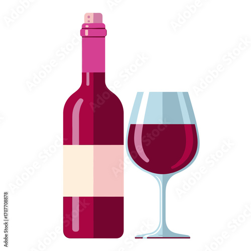 Illustration of a bottle of red wine with a blank label and a glass filled with red wine, isolated on a white background.