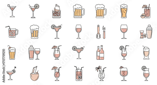 An array of illustrated alcoholic and non-alcoholic beverages including cocktails, beer, wine, and mixed drinks, arranged in a grid pattern.
