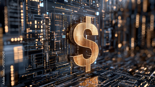 Digital dollar sign glowing on circuit board background, symbolizing finance and technology