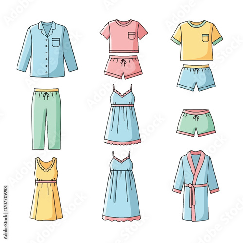 A flat lay illustration of various colorful clothing items for Breast Cancer Awareness Month, including shirts, shorts, dresses, and a robe, against a clean white background.