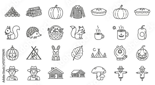 A collection of outline icons representing autumn and fall themes, including pumpkins, animals, food, clothing, and outdoor elements.