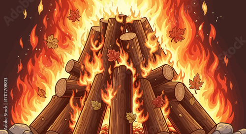 A large bonfire of stacked logs burns intensely, with flames rising high and autumn leaves scattered around.
