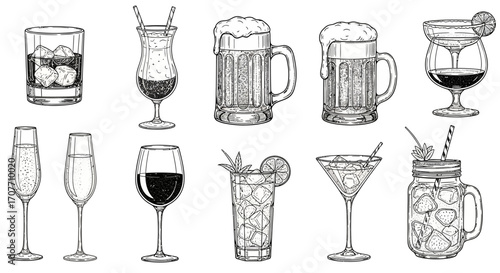 An assortment of stylized, black and white drink illustrations, including cocktails, beer mugs, wine glasses, and other beverage containers.