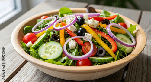 A delightful and wholesome Mediterranean-inspired salad, bursting with colorful fresh vegetables, tangy feta, and savory olives, presented in a natural wooden bowl for a healthy meal