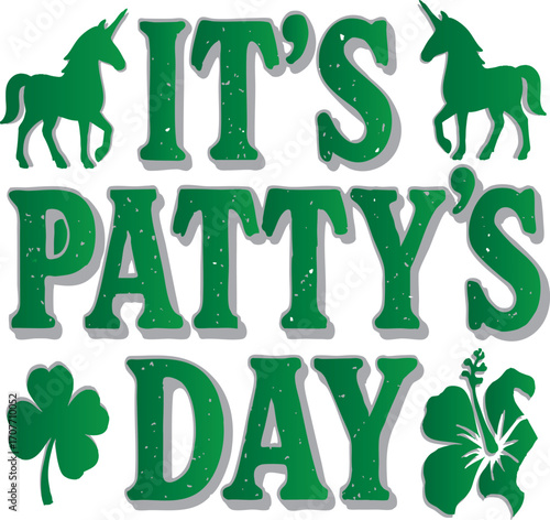 : "Lucky Unicorn Art for PATTY’s Celebration" A whimsical illustration of a unicorn wearing a pale green top hat and a black ribbon with a four-leaf clover. Its mane is a mix of green, pink, and gray,