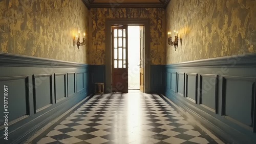 Ornate hallway with checkered floor leading to open door with bright light