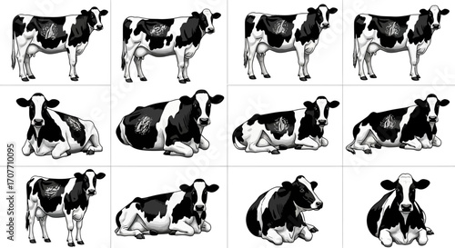 A collection of twelve black and white cow illustrations in various poses, including standing, sitting, and lying down.